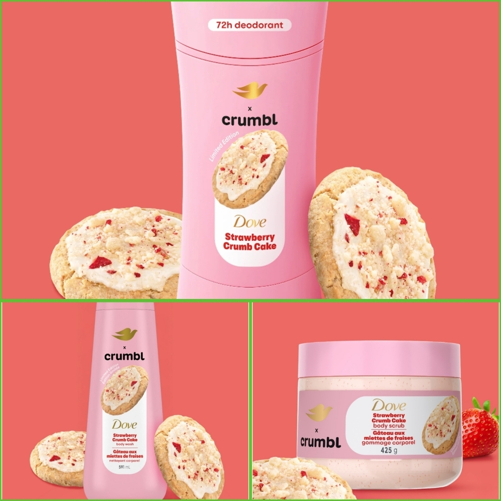 Dove x Crumbl Strawberry Crumb Cake Deodorant, Body Scrub, And Body Wash.